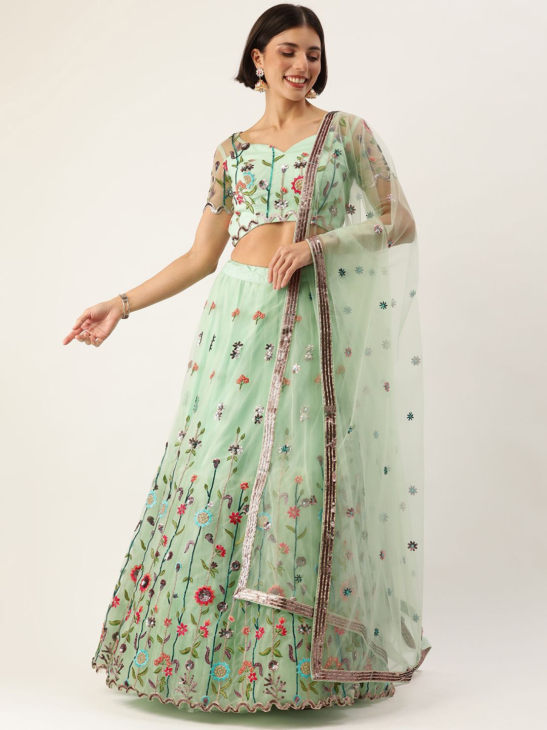 panchhi Sea Green Embroidered Sequinned Unstitched Lehenga & Blouse With Dupatta Price in India