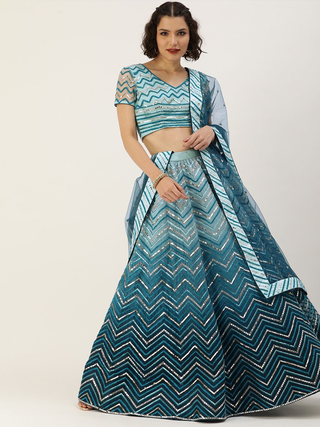 panchhi Teal Embroidered Sequinned Unstitched Lehenga & Blouse With Dupatta Price in India