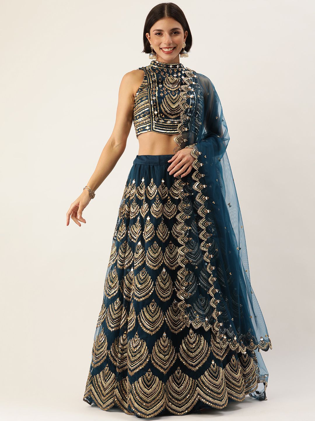 panchhi Teal Embellished Sequinned Unstitched Lehenga & Blouse With Dupatta Price in India