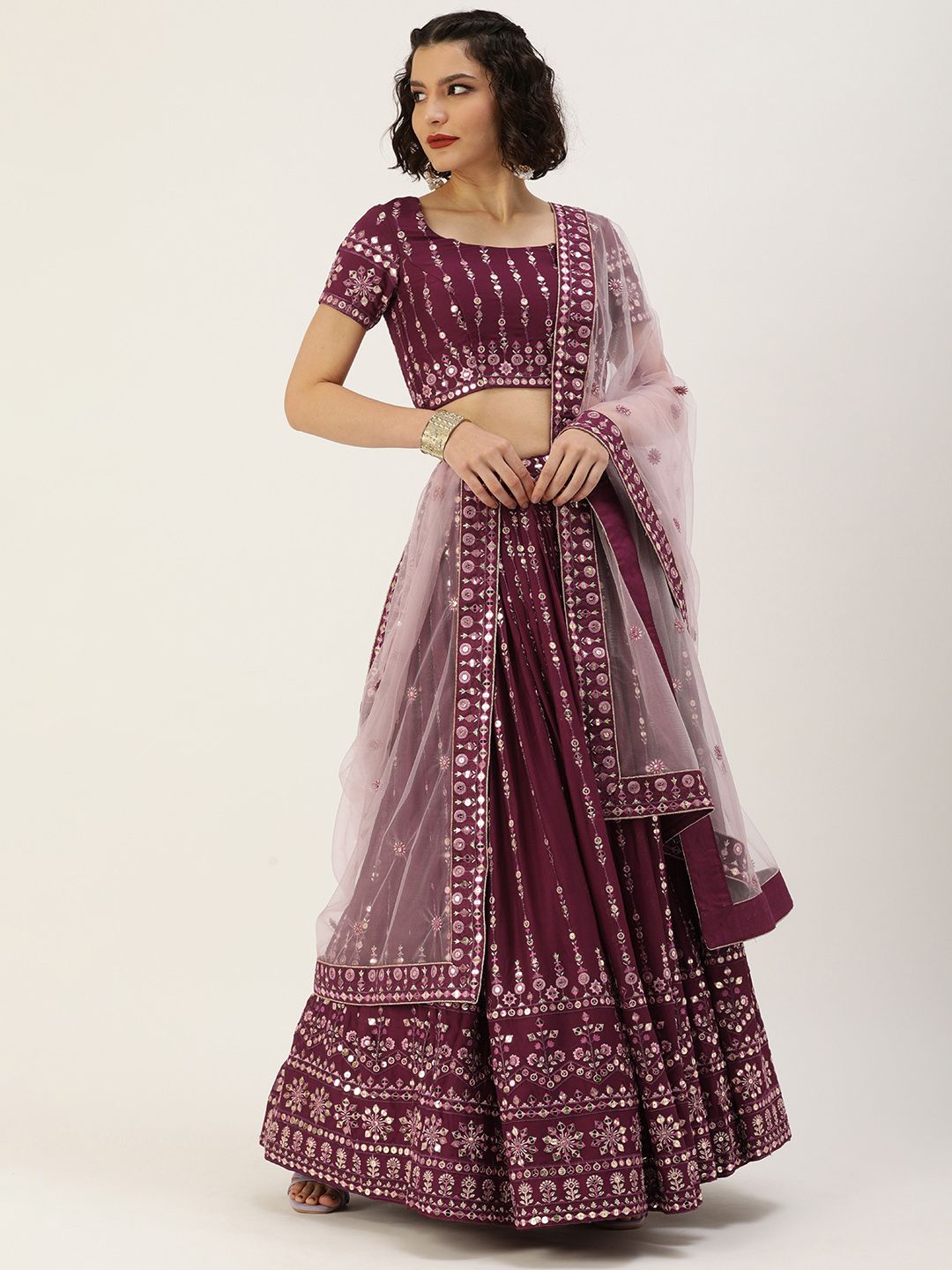 panchhi Burgundy Embroidered Sequinned Unstitched Lehenga & Blouse With Dupatta Price in India