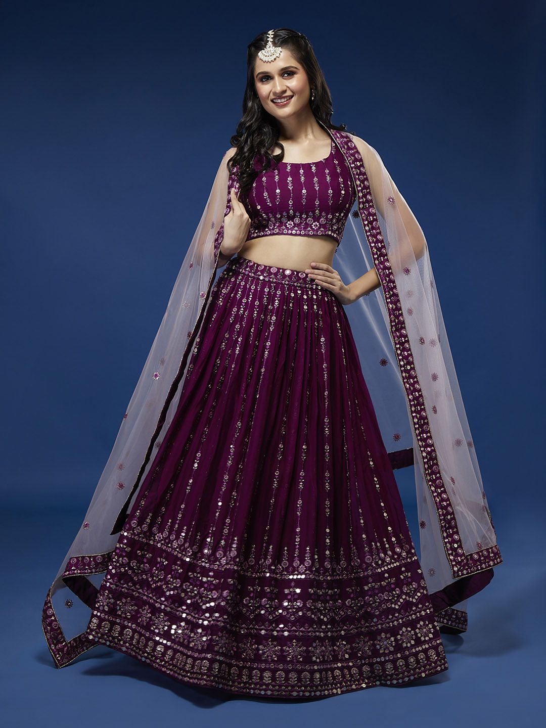 panchhi Burgundy Embroidered Sequinned Unstitched Lehenga & Blouse With Dupatta