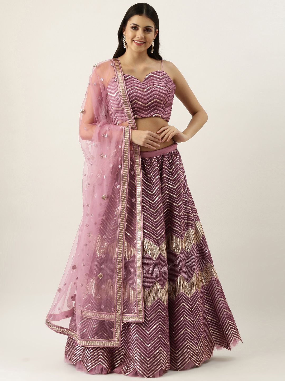 panchhi Lavender & Golden Net Sequinned Semi-Stitched Lehenga & Blouse with Dupatta Price in India