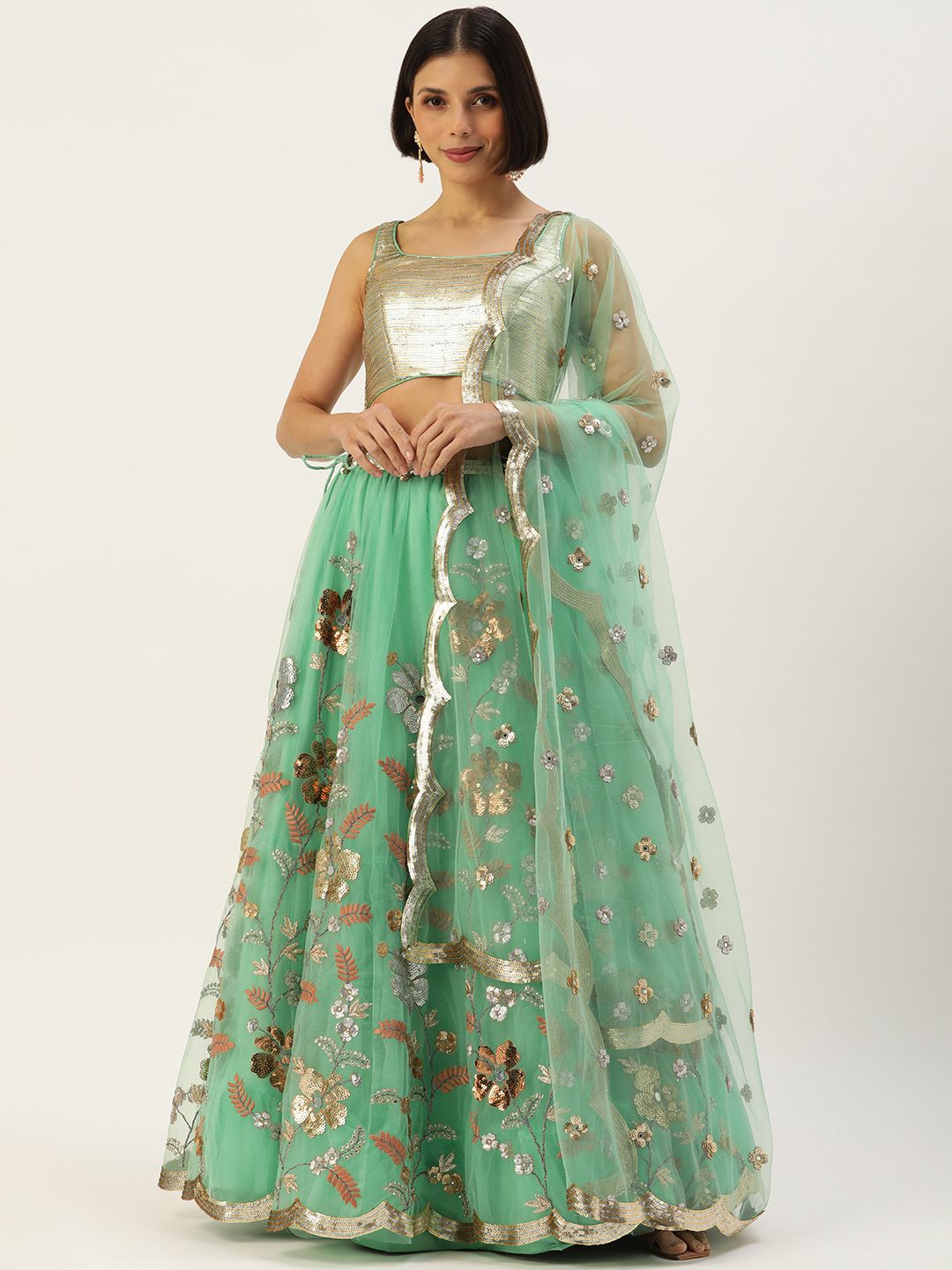 panchhi Sea Green & Silver Embroidered Sequinned Unstitched Lehenga & Blouse With Dupatta Price in India