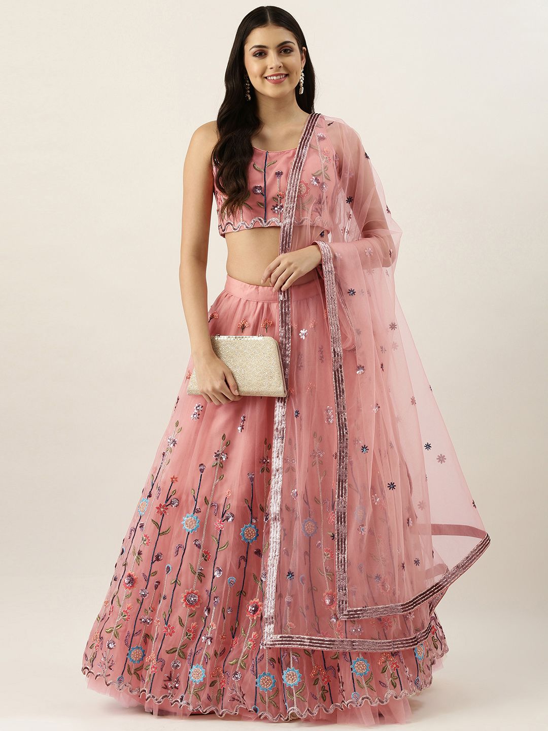 panchhi Pink Net Embroidered Sequinned Semi-Stitched Lehenga & Blouse With Dupatta Price in India