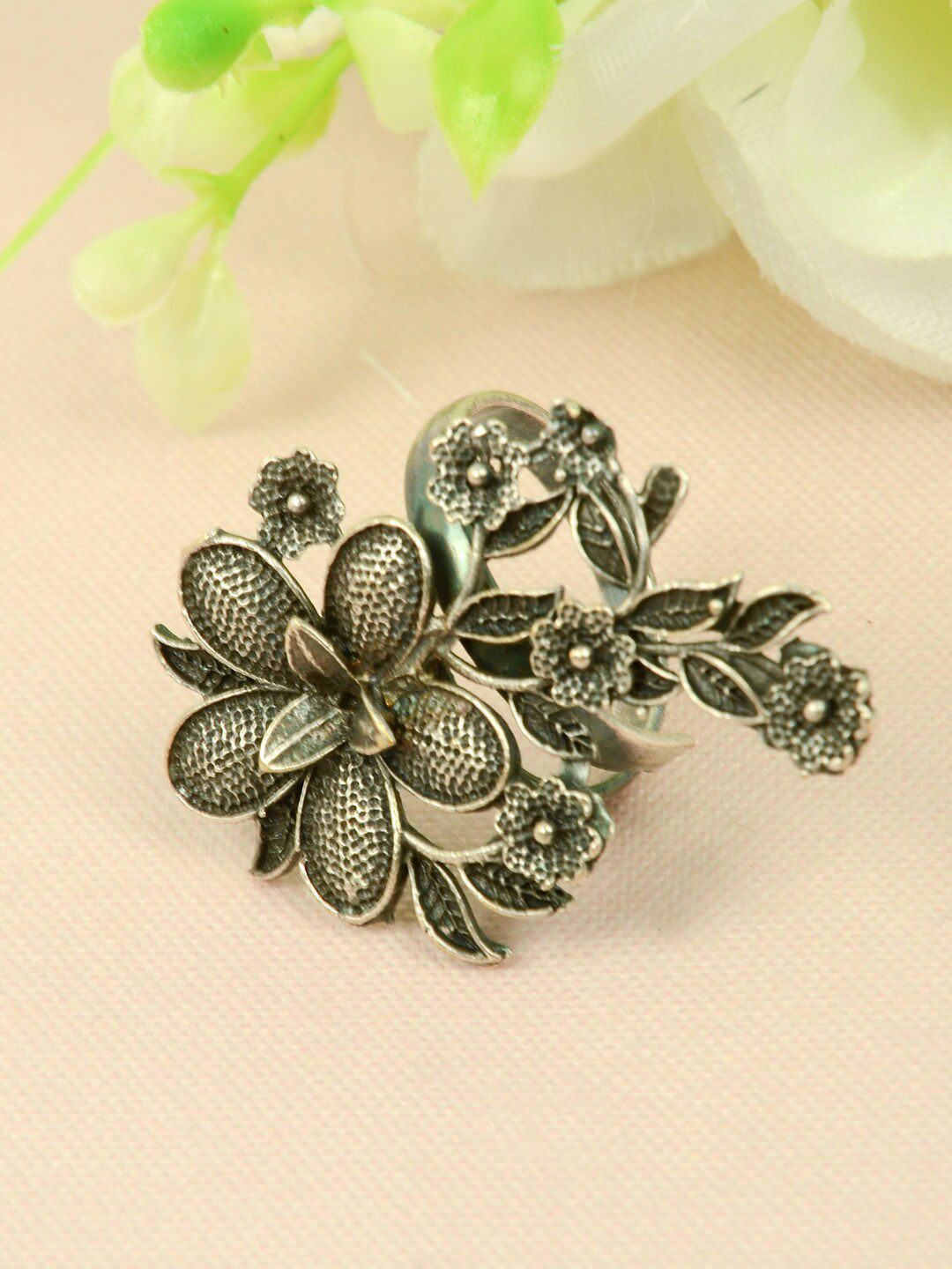 Urmika Oxidized Floral Silver-Plated Finger Adjustable Ring Price in India
