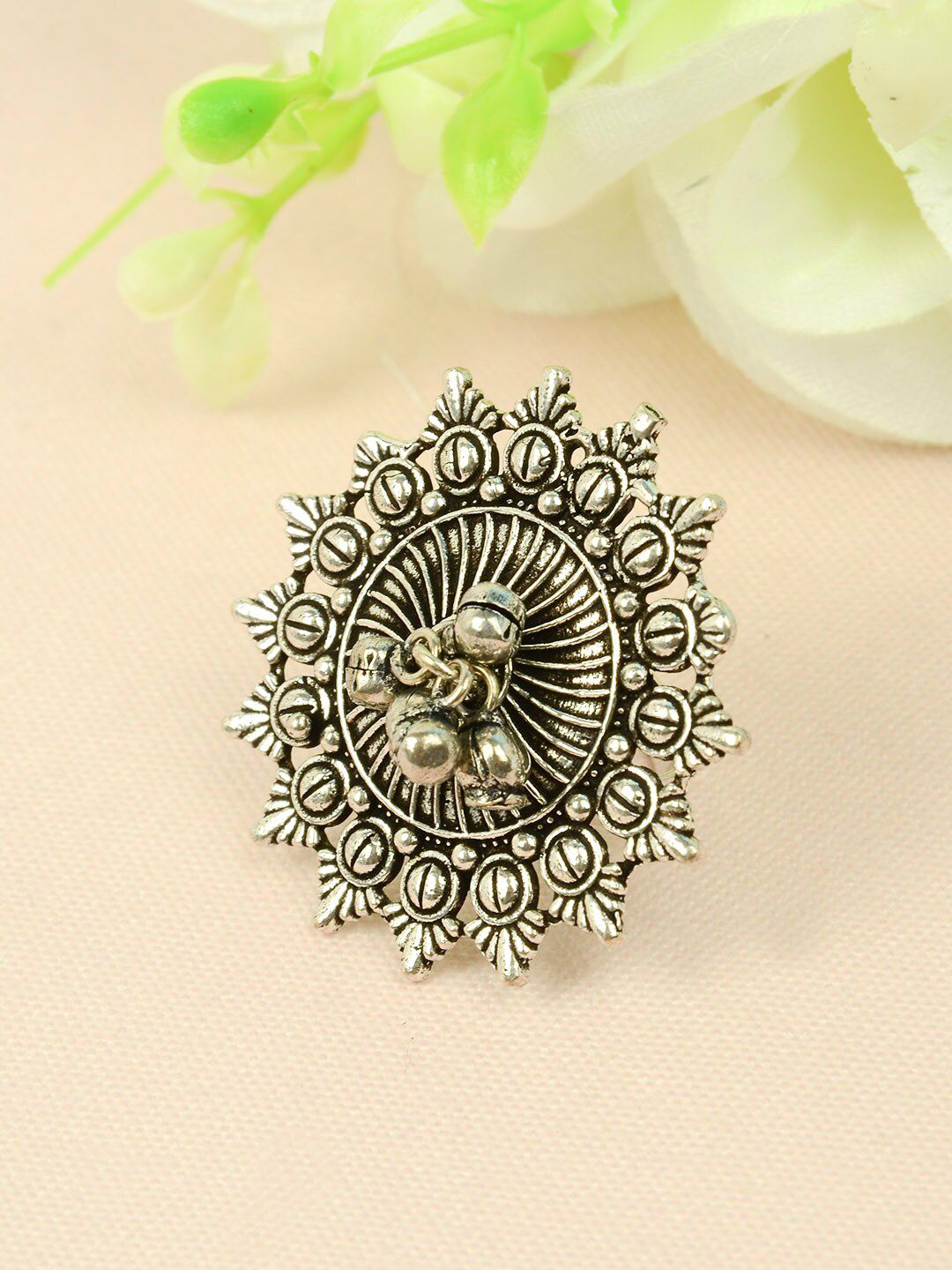 Urmika Silver-Toned Oxidized Traditional Ghungroo Adjustable Finger Ring Price in India