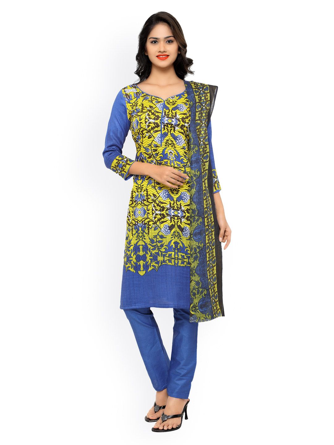 Kvsfab Yellow & Blue Printed Unstitched Dress Material Price in India
