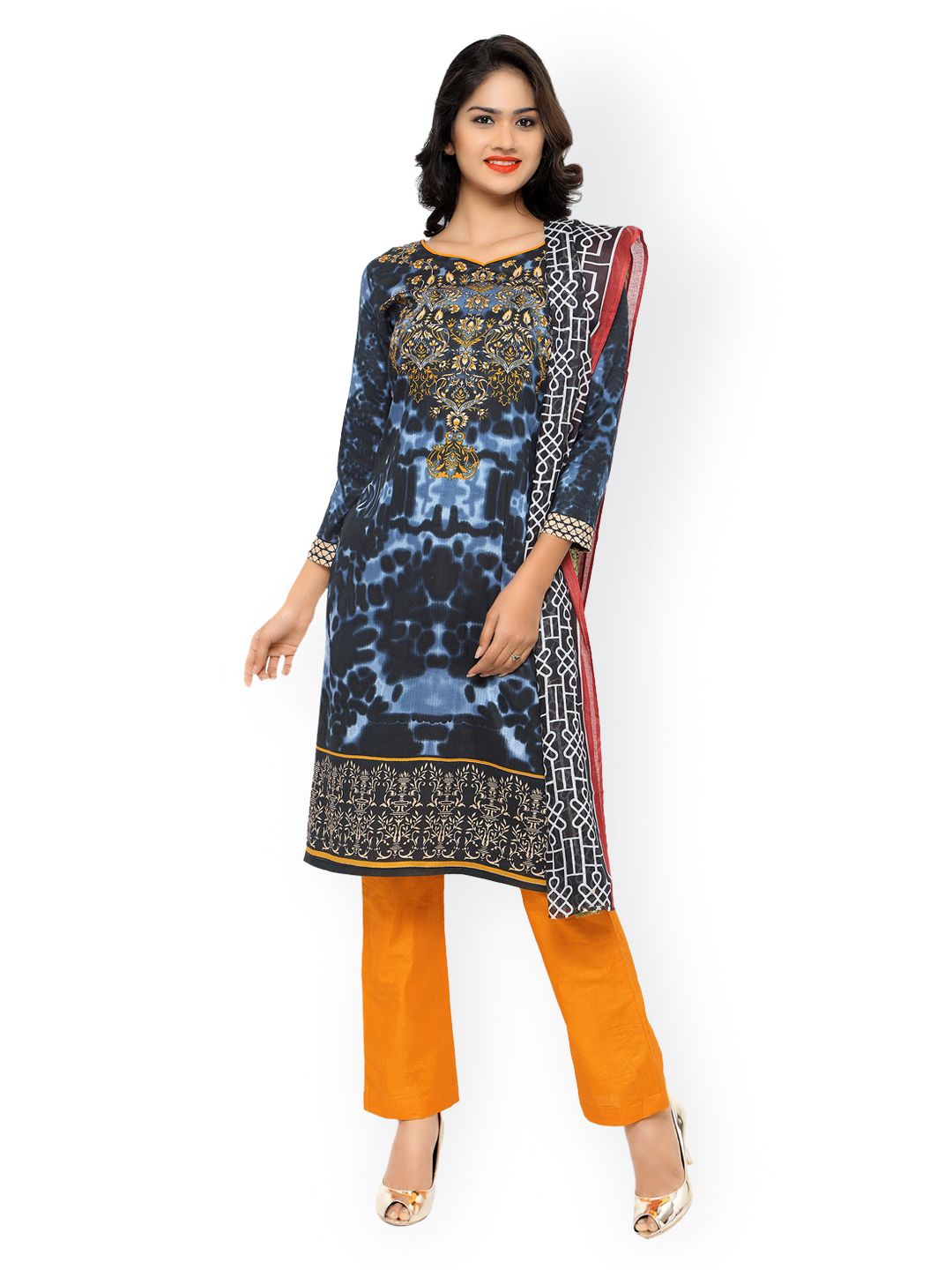 Kvsfab Black & Orange Printed Rayon Unstitched Dress Material Price in India
