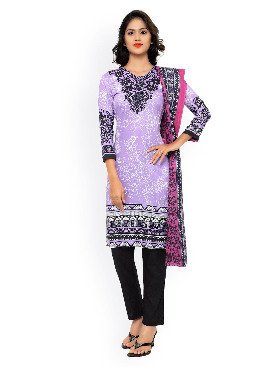Kvsfab Purple & Black Floral Print Unstitched Dress Material Price in India