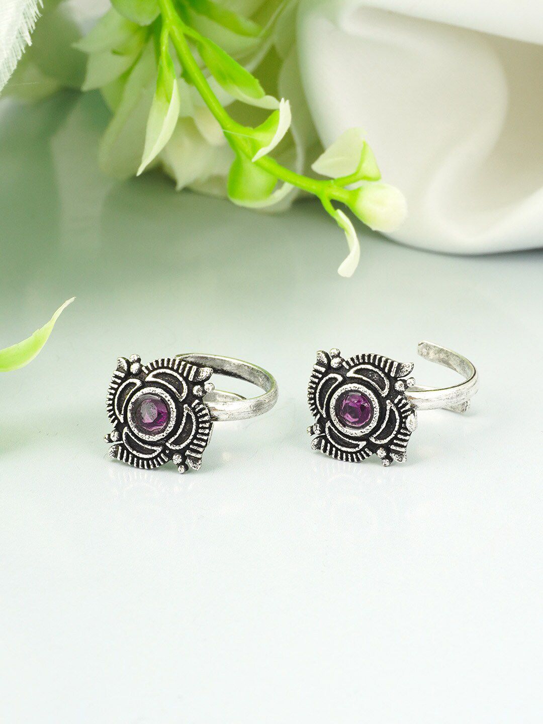 Urmika Silver-Toned Purple Crystal Oxidized Silver Toe Rings Price in India