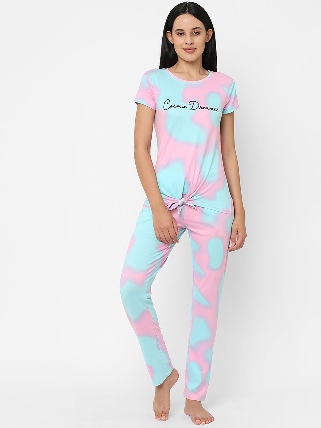 Sweet Dreams Women Blue & Pink Tie and Dye Printed Night suit Price in India