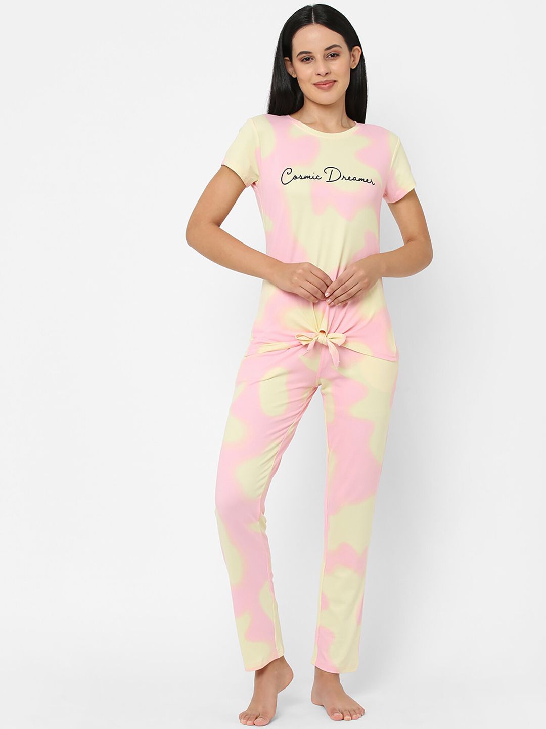 Sweet Dreams Women Yellow & Pink Tie and Dye Night suit Price in India