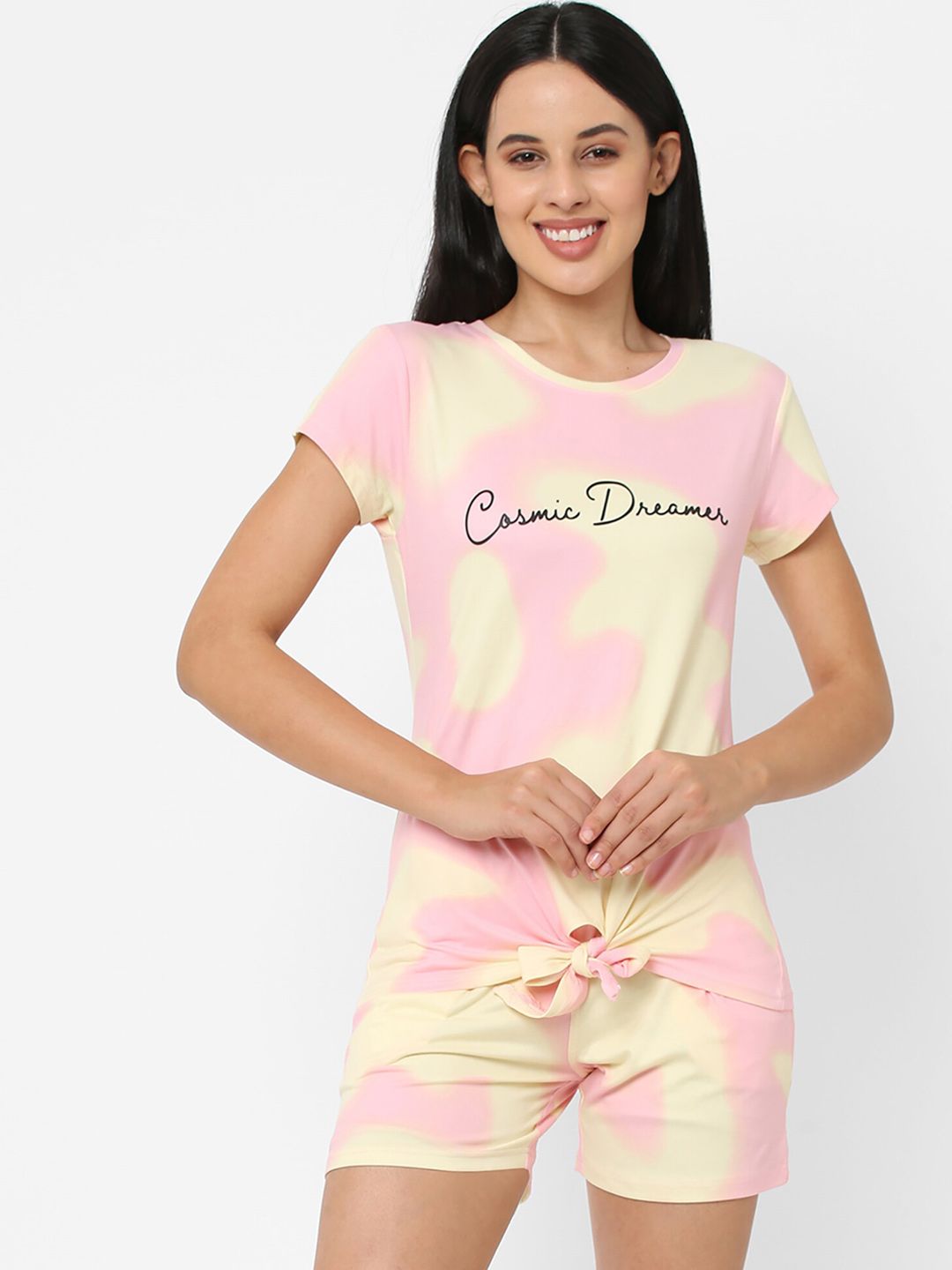 Sweet Dreams Women Yellow & Pink Printed Night Suit Price in India