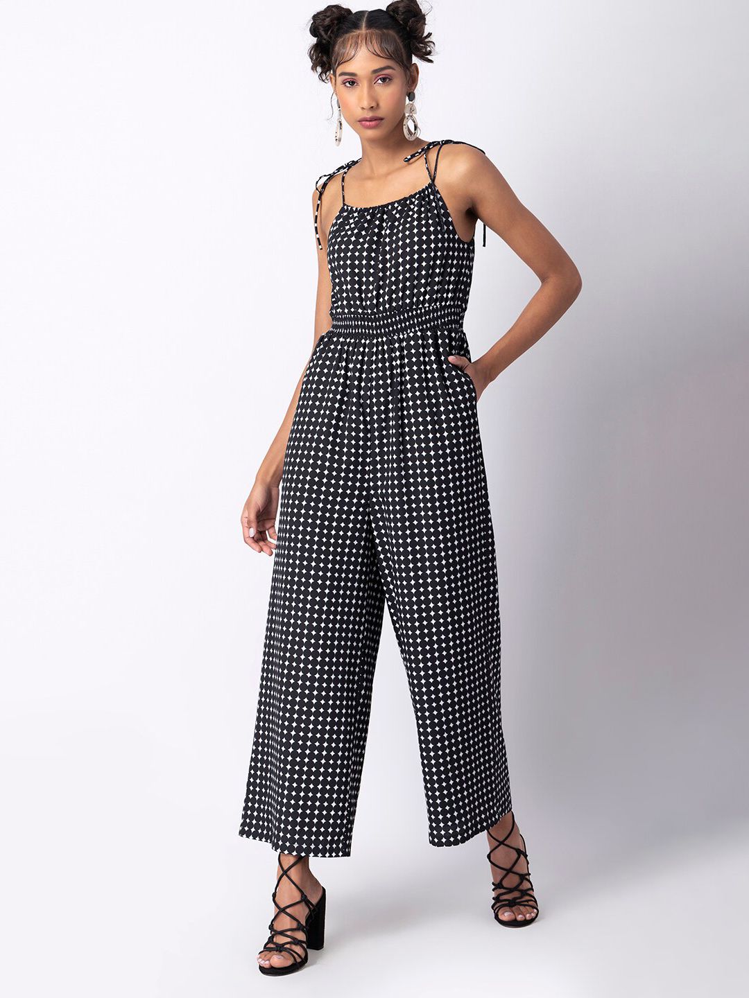 FabAlley Black & White Printed Basic Jumpsuit Price in India