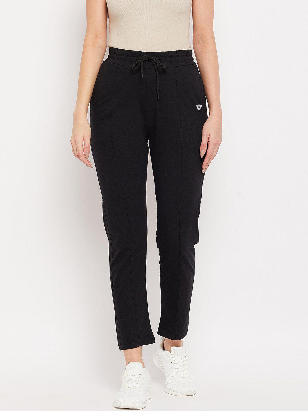 FRENCH FLEXIOUS Women Black Solid Straight Fit Track Pants Price in India