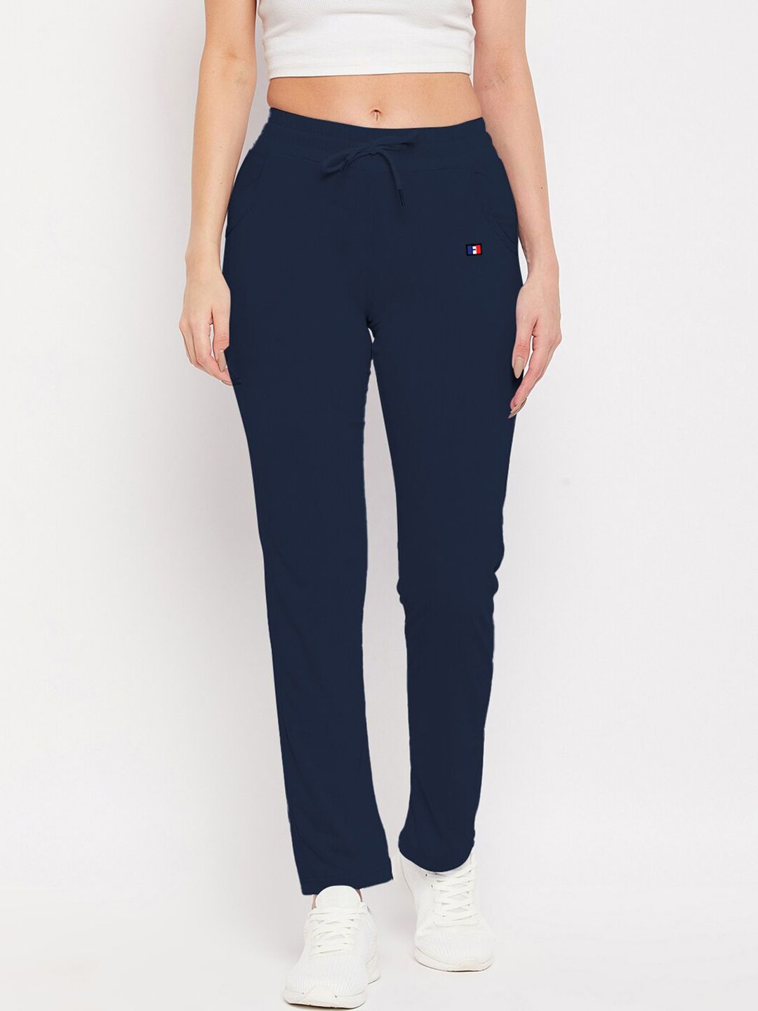 FRENCH FLEXIOUS Women Navy Blue Solid Straight Fit Track Pants Price in India