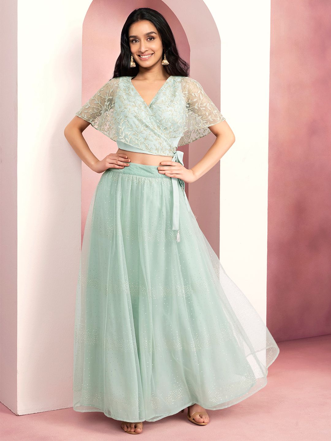 INDYA Women Green Embellished Flared Maxi Skirt