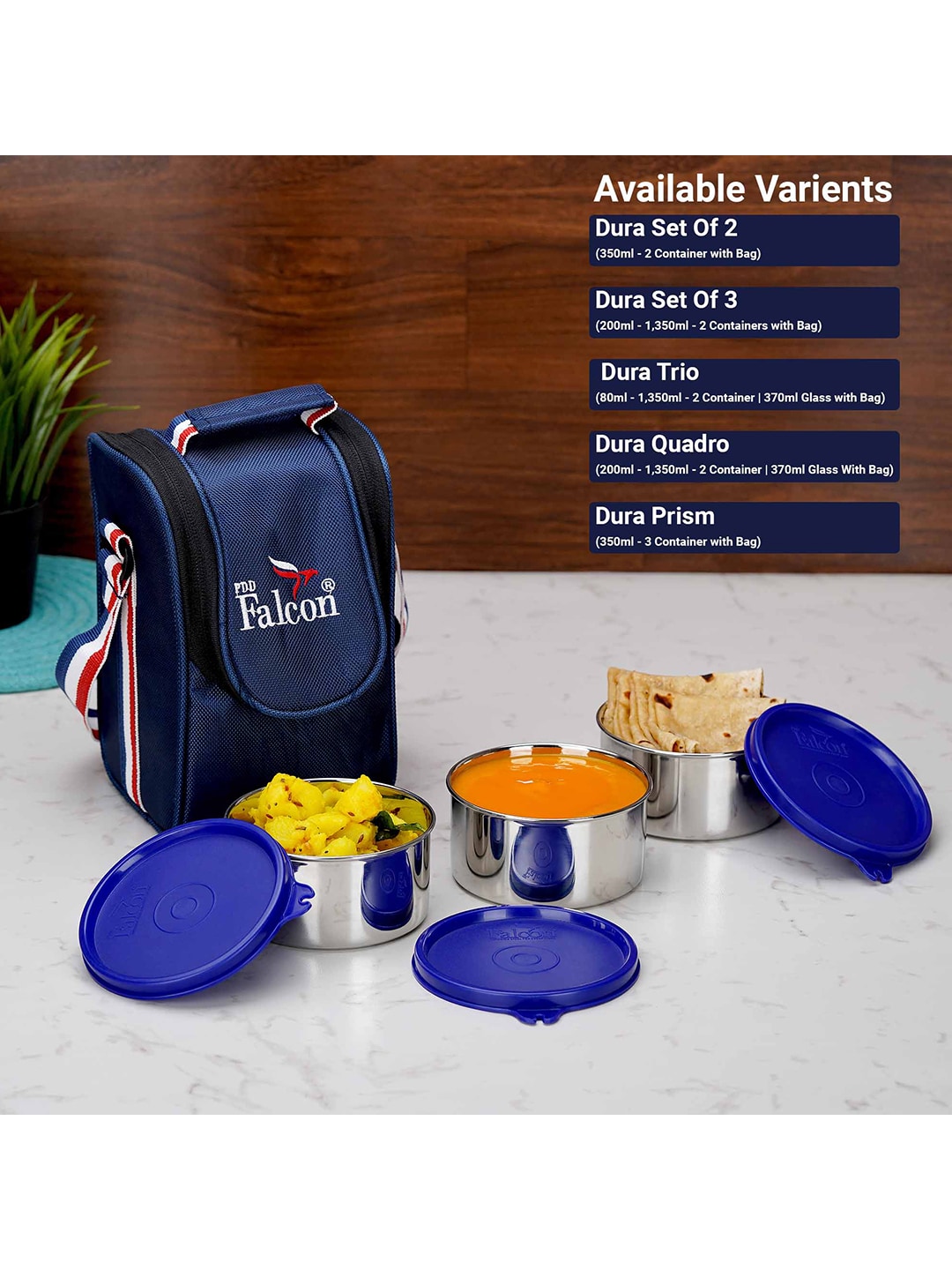 PDDFALCON Steel-Toned & Blue Set of 2 Solid Stainless Steel Dura Lunch Box Price in India