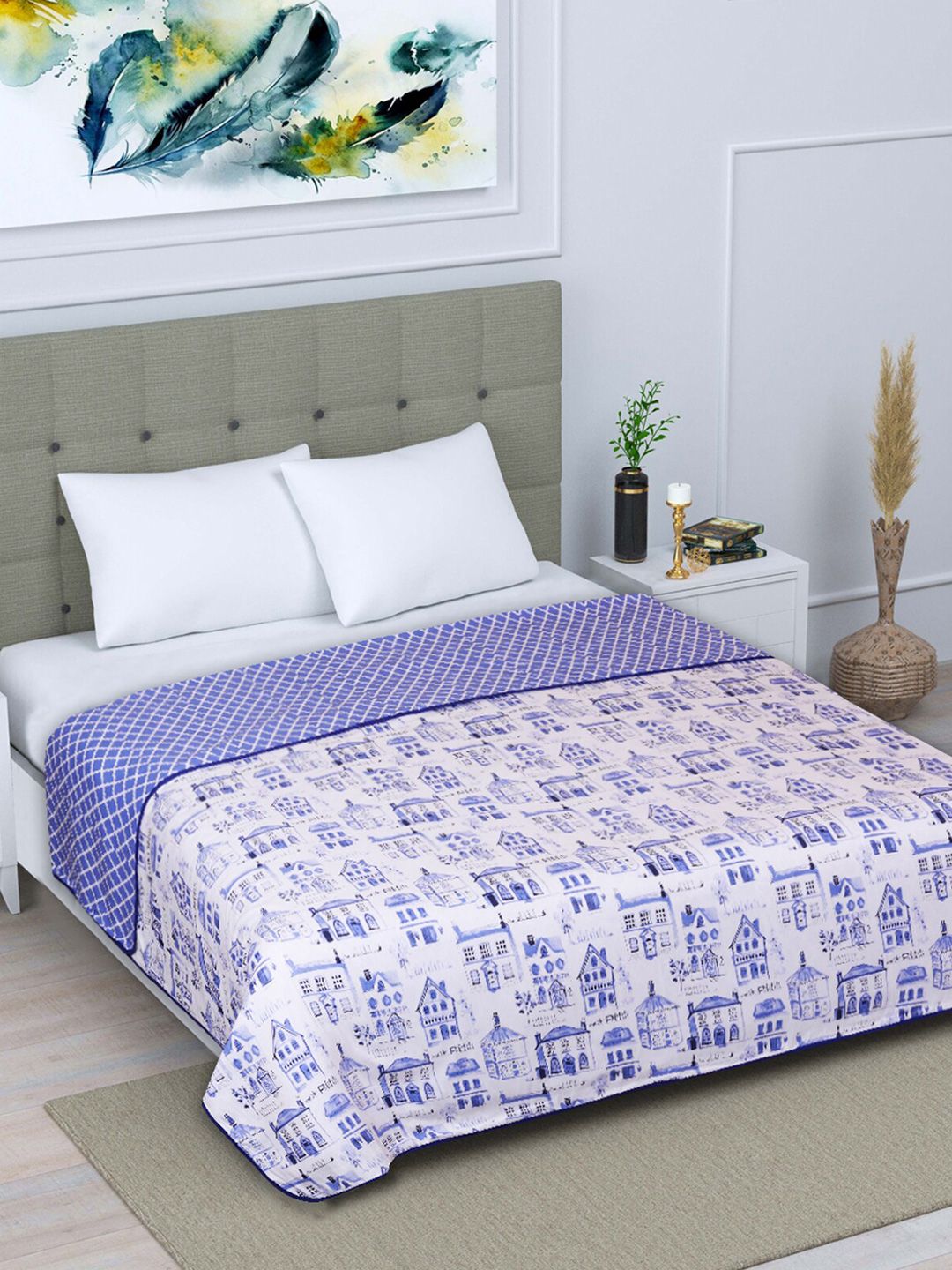 ROMEE Blue & White Printed Cotton AC Room 300 GSM Double Bed Dohar Price in India