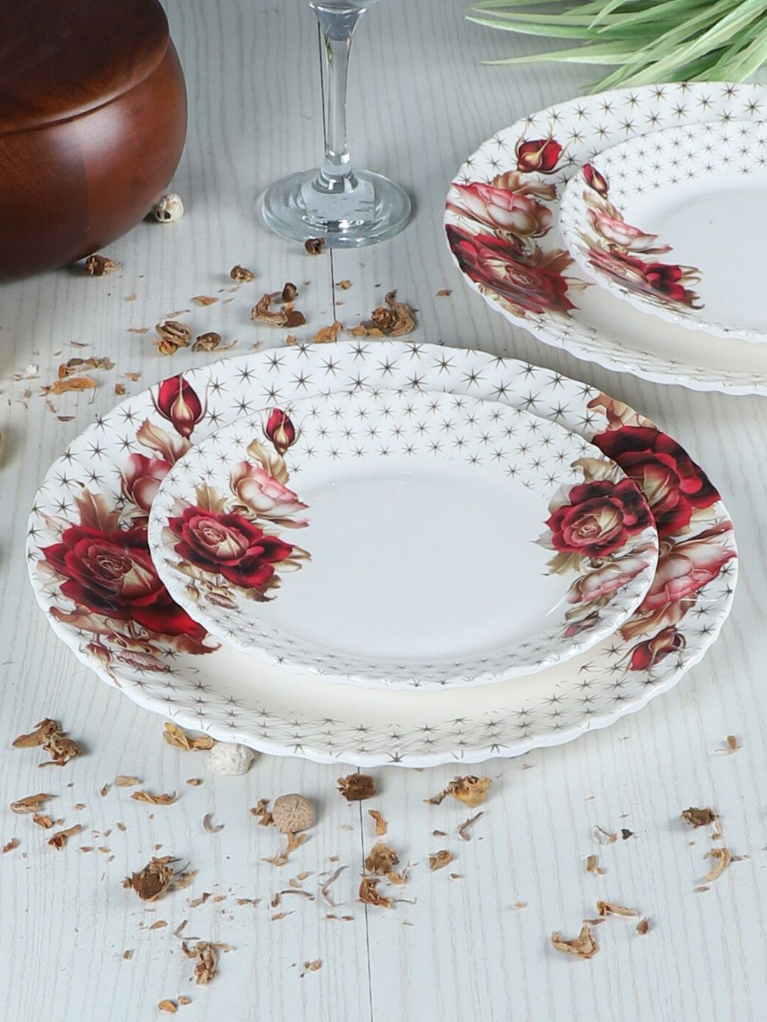 CDI White & Red 12 Pieces Printed Melamine Glossy Plates Price in India