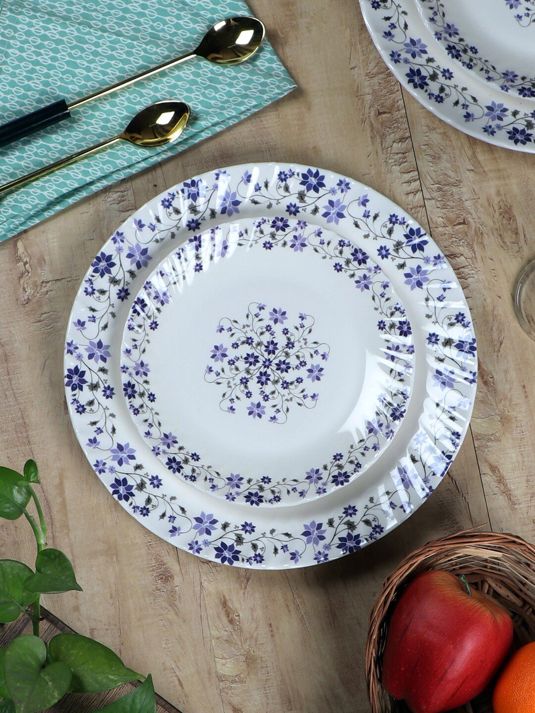 CDI White & Blue 12 Pieces Floral Printed Melamine Matte Plates Price in India