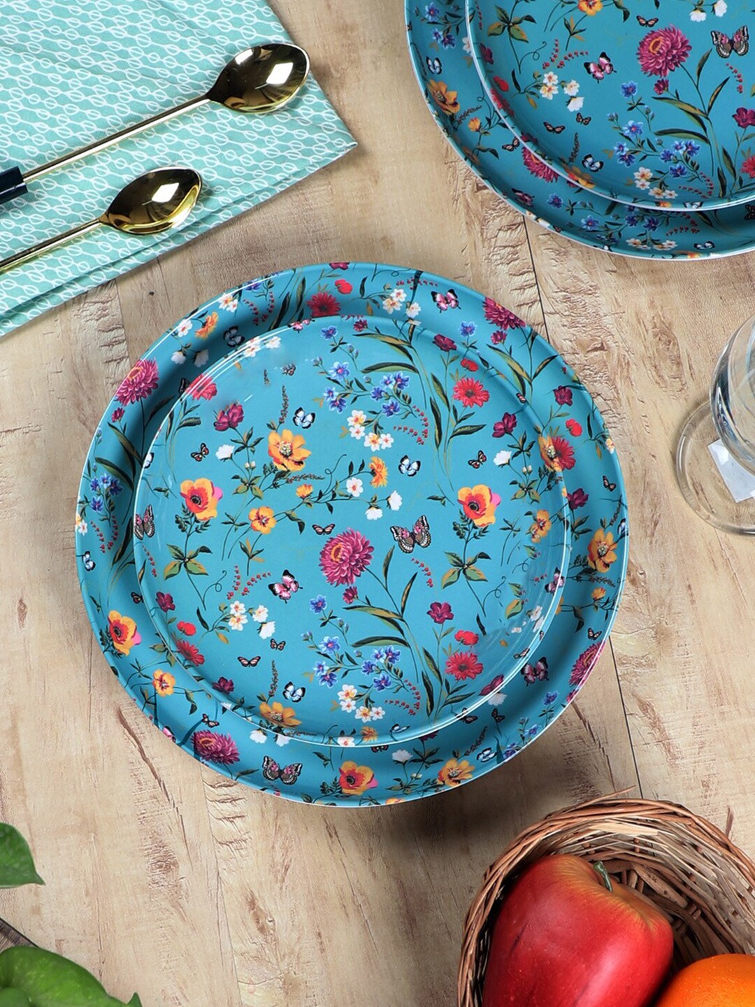 CDI Blue & Pink Set Of 12 Pieces Floral Printed Melamine Matte Plates Price in India
