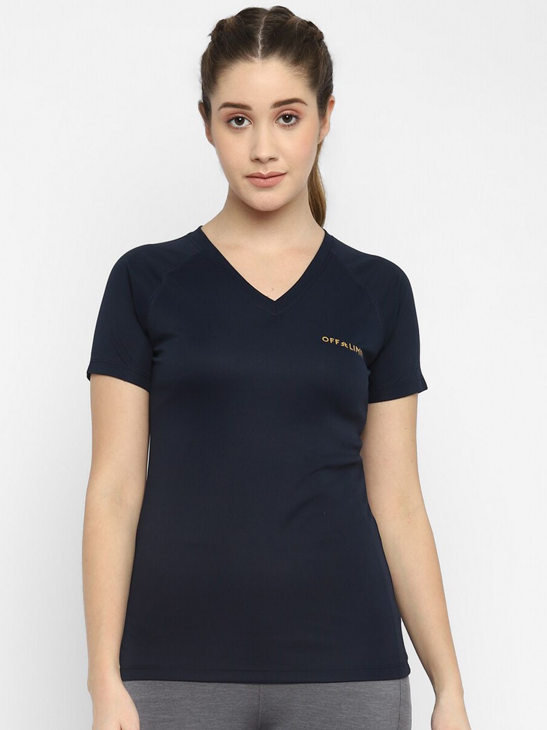 OFF LIMITS Women Navy Blue V-Neck Slim Fit T-shirt Price in India