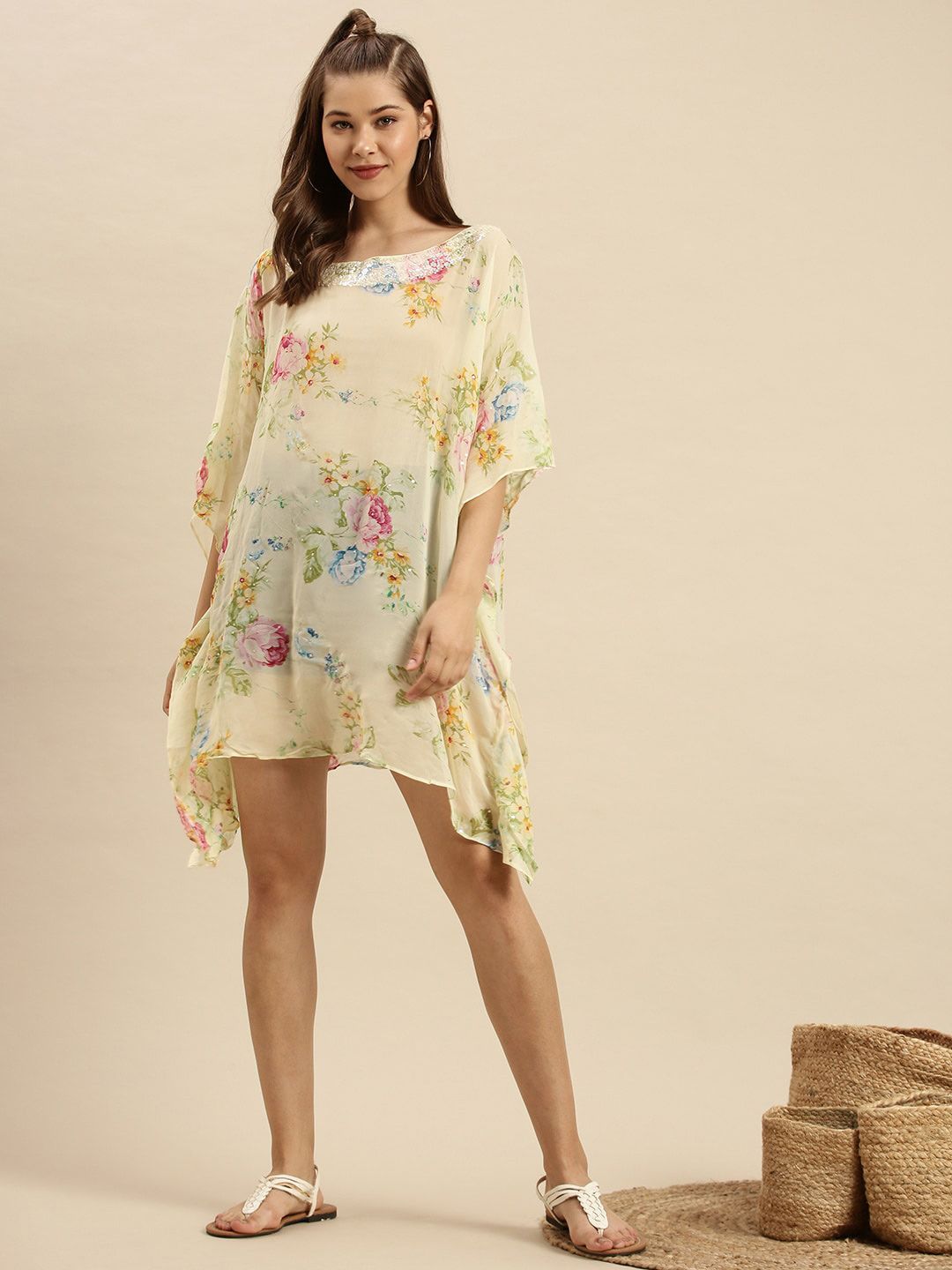 Sanwara Cream-Coloured Floral Georgette Kaftan Dress Price in India