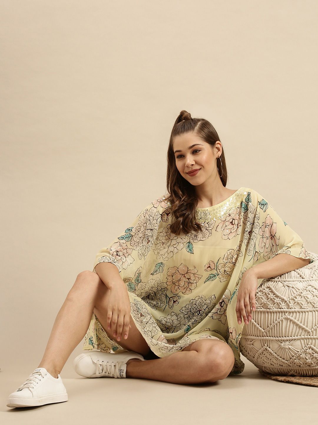 Sanwara Cream-Coloured Floral Georgette Sheer Kaftan Dress Price in India