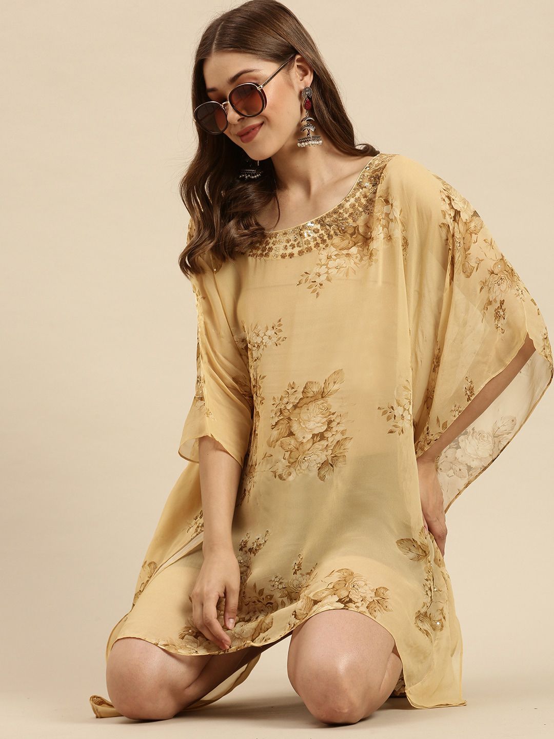 Sanwara Beige Floral Georgette Kaftan Dress Price in India