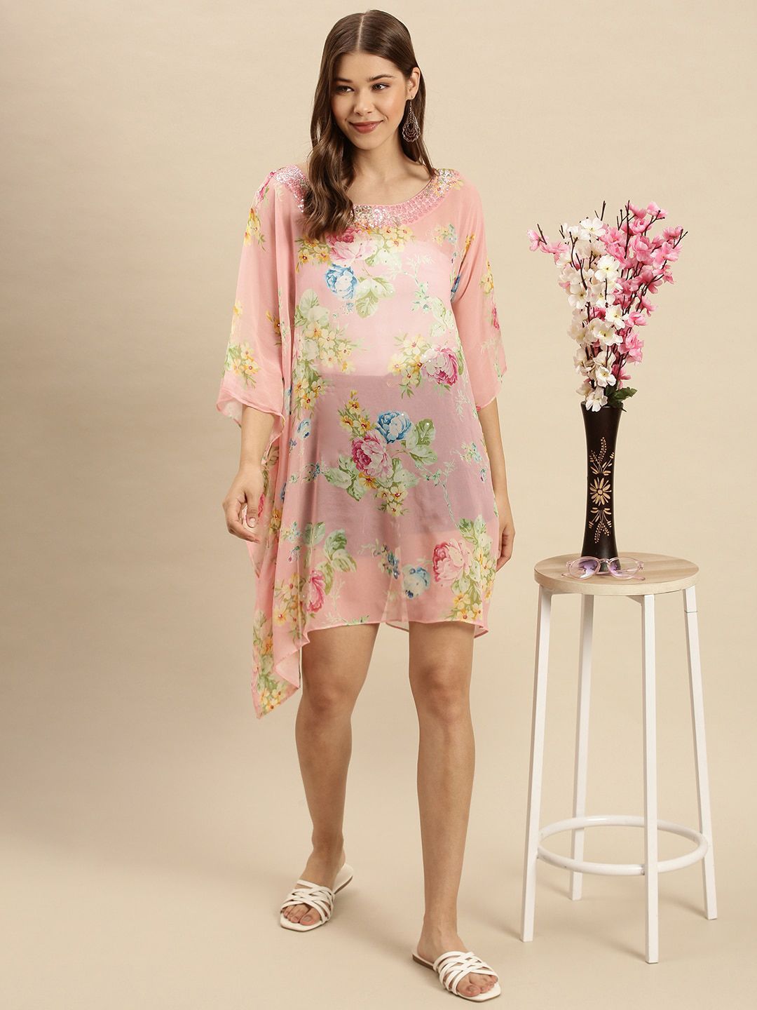 Sanwara Pink Floral Georgette Sheer Kaftan Dress Price in India