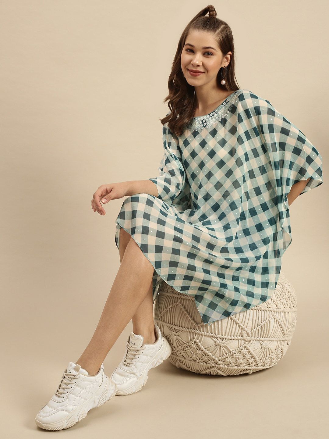 Sanwara Green Checked Georgette Kaftan Dress Price in India