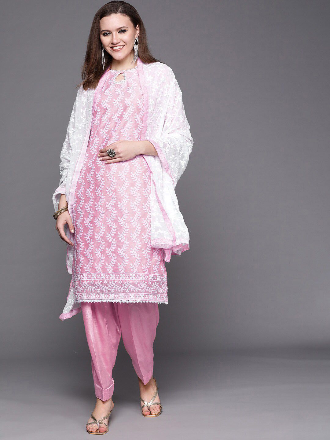 Chhabra 555 Pink & White Embroidered Unstitched Dress Material Price in India