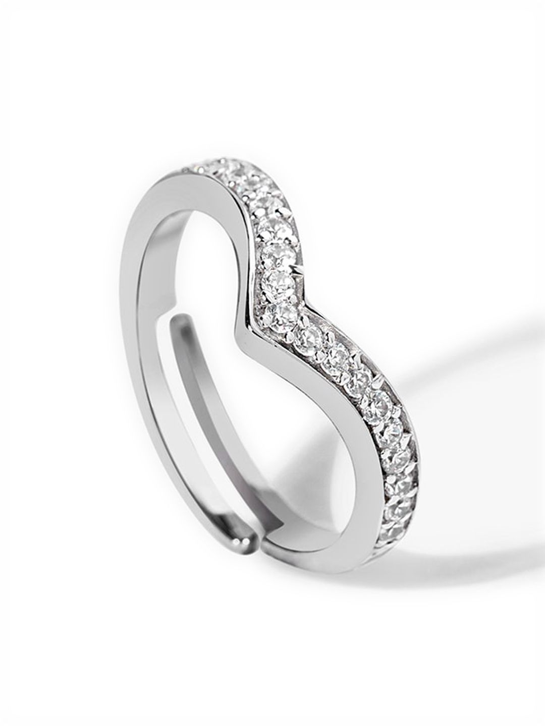 Mikoto by FableStreet Rhodium-Plated Silver CZ-Studded Curved Chevron Finger Ring Price in India