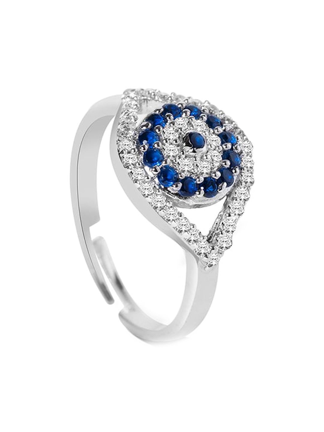 Mikoto by FableStreet Rhodium-Plated Silver-Toned & Blue CZ-Studded Finger Ring Price in India