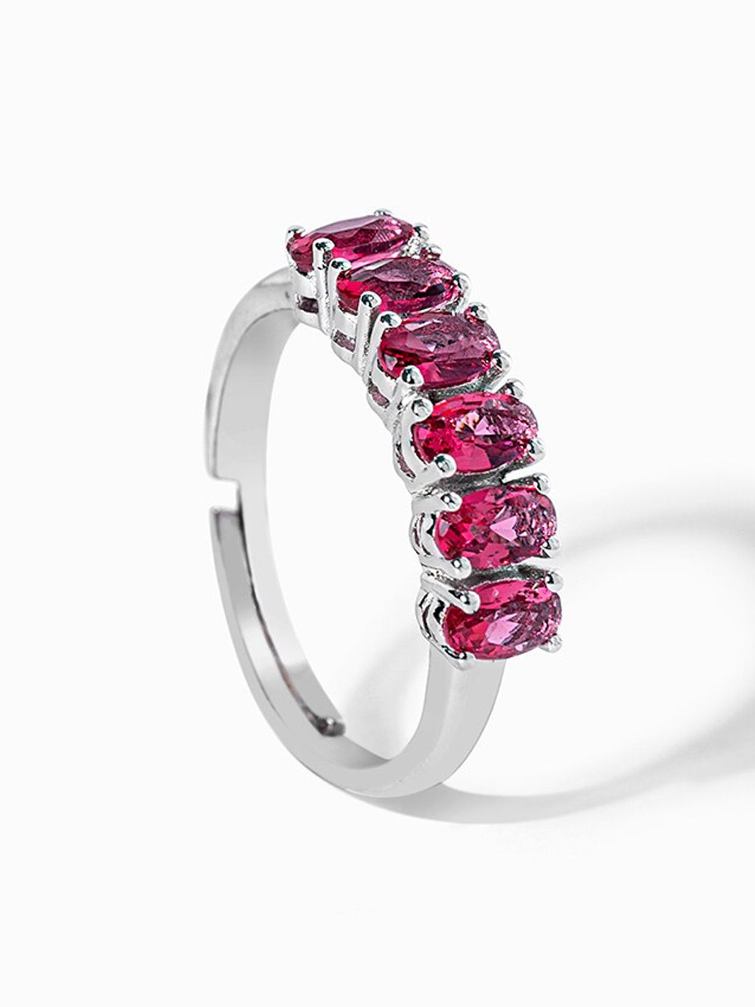 Mikoto by FableStreet Rhodium-Plated Silver-Toned & Pink CZ-Studded Finger Ring Price in India