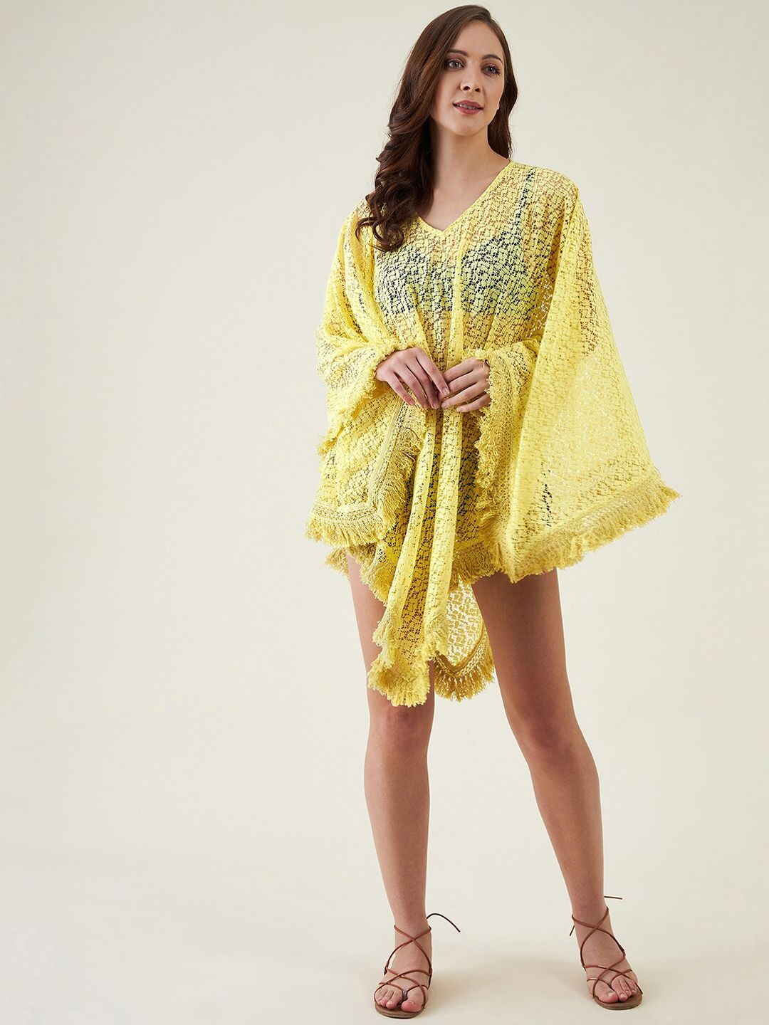 The Kaftan Company Women Yellow Lace Cover Up Dress Price in India