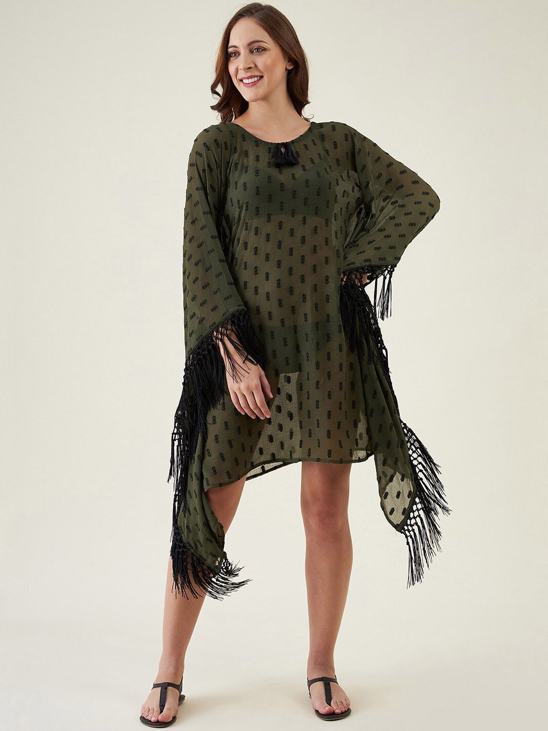 The Kaftan Company Women Olive Green & Black Printed Kaftan Dress Price in India