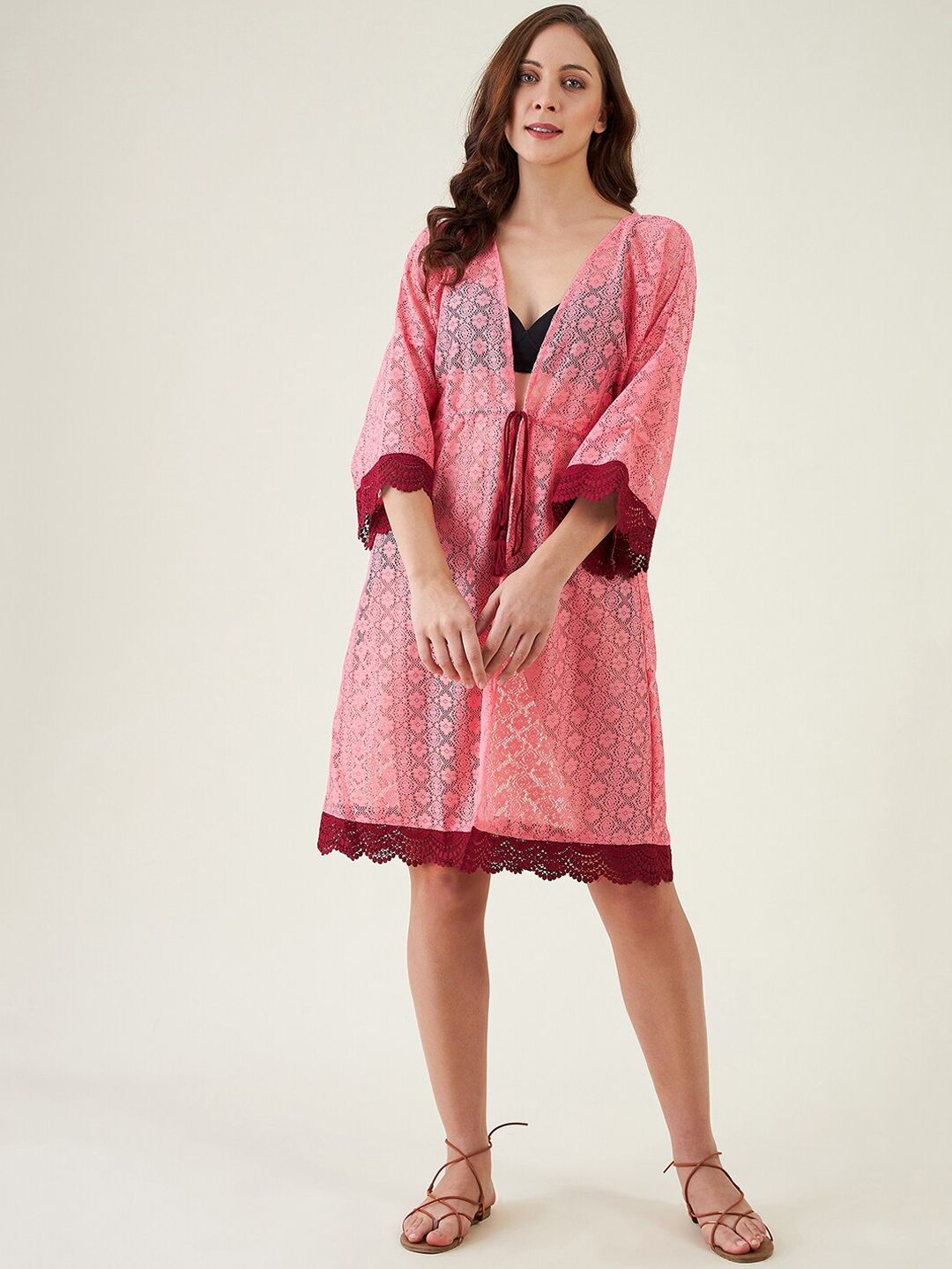 The Kaftan Company Women Pink Solid Lace Resort Cover-up Dress Price in India