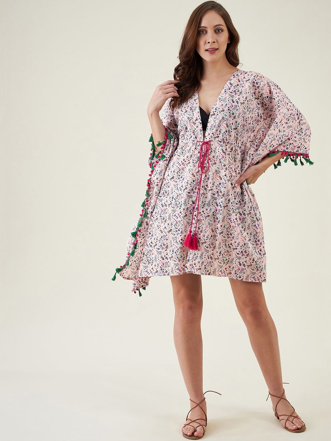 The Kaftan Company Women Pink & Blue Printed Cotton Kaftan Cover-Up Dress Price in India
