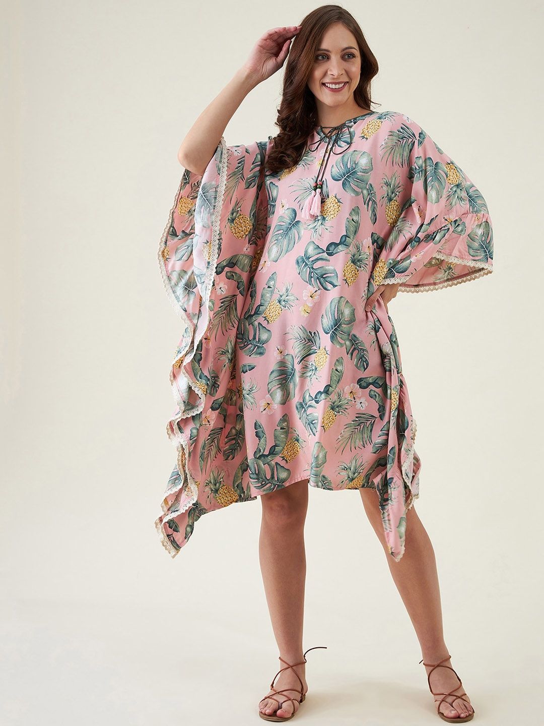 The Kaftan Company Women Pink & Green Printed Resortwear Kaftan Price in India