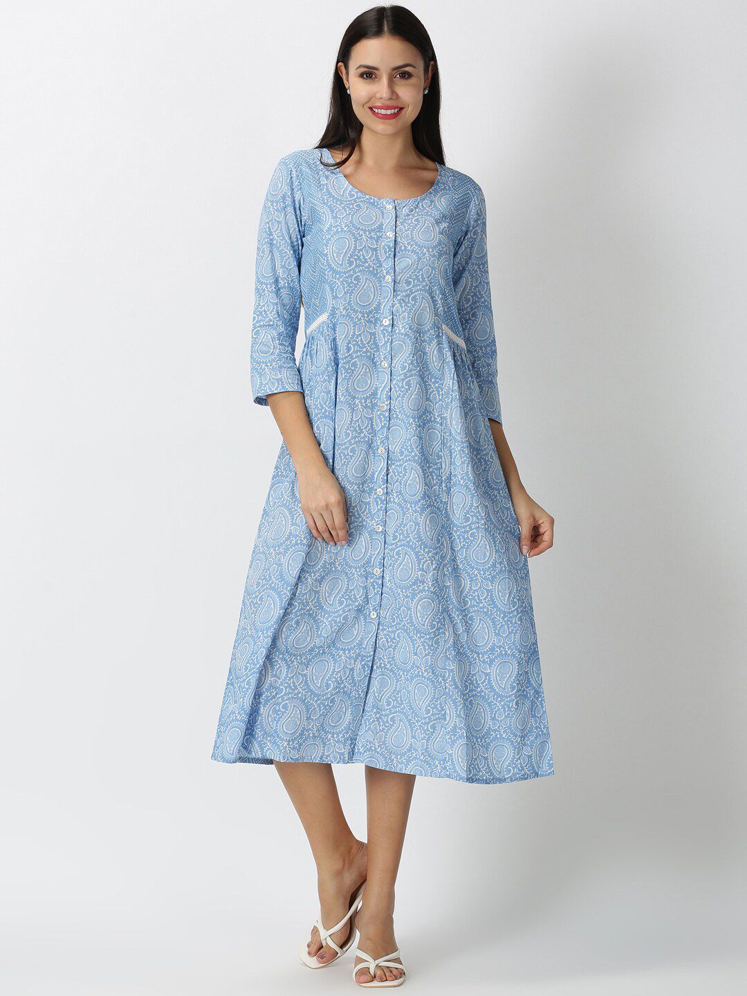 Saffron Threads Blue Paisley Printed A-Line Midi Dress Price in India
