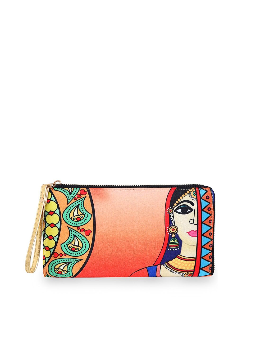 Sabhyata Women Orange & Blue Ethnic Motifs Printed Zip Around Wallet Price in India