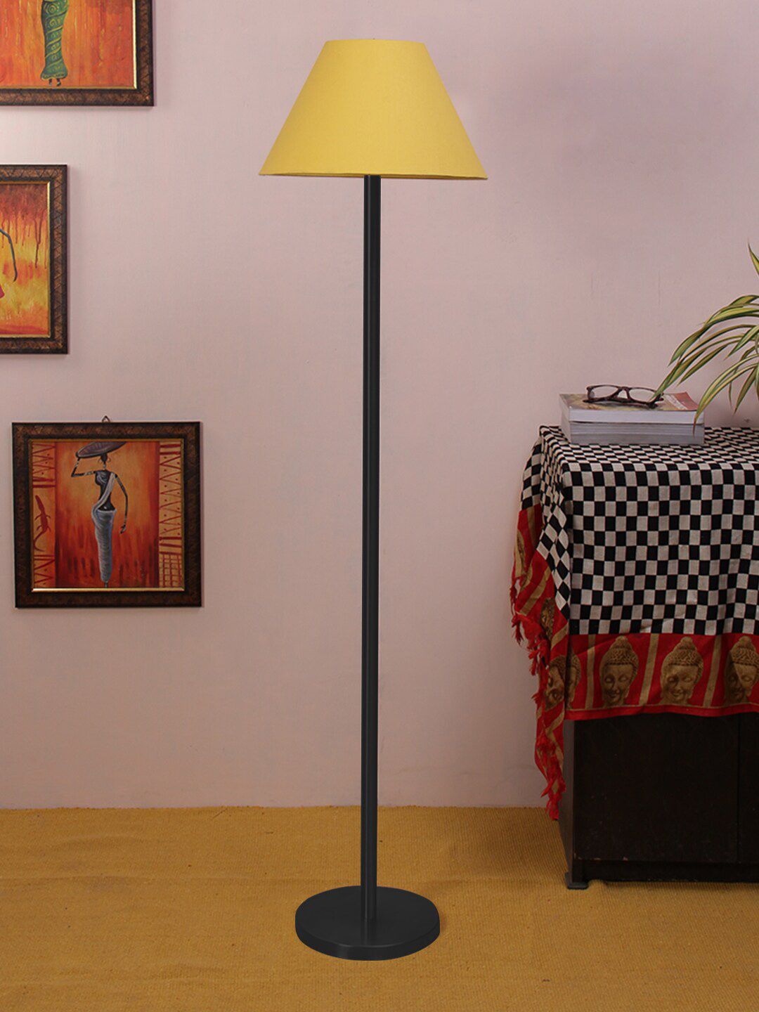 Devansh Yellow Traditional Floor Lamp With Cotton Frustum Shade Price in India