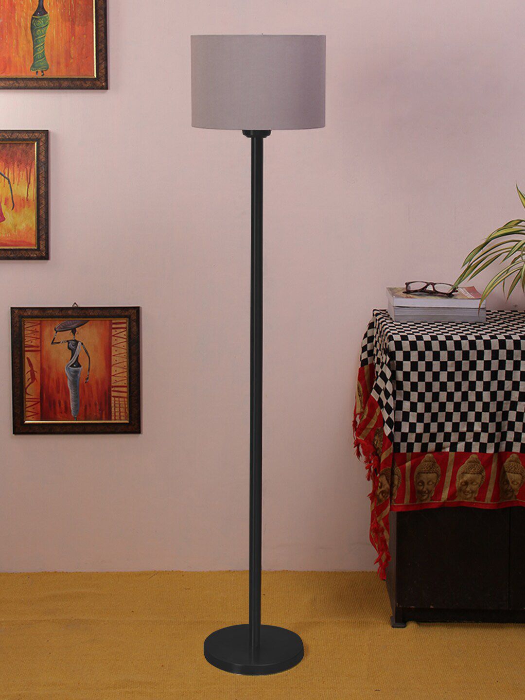Devansh Grey Solid Cylinder Iron Floor Lamp With Cotton Shade Price in India