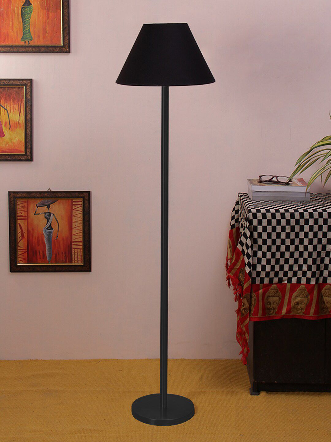 Devansh Black Solid Triangle Iron Floor Lamp With Cotton Shade Price in India