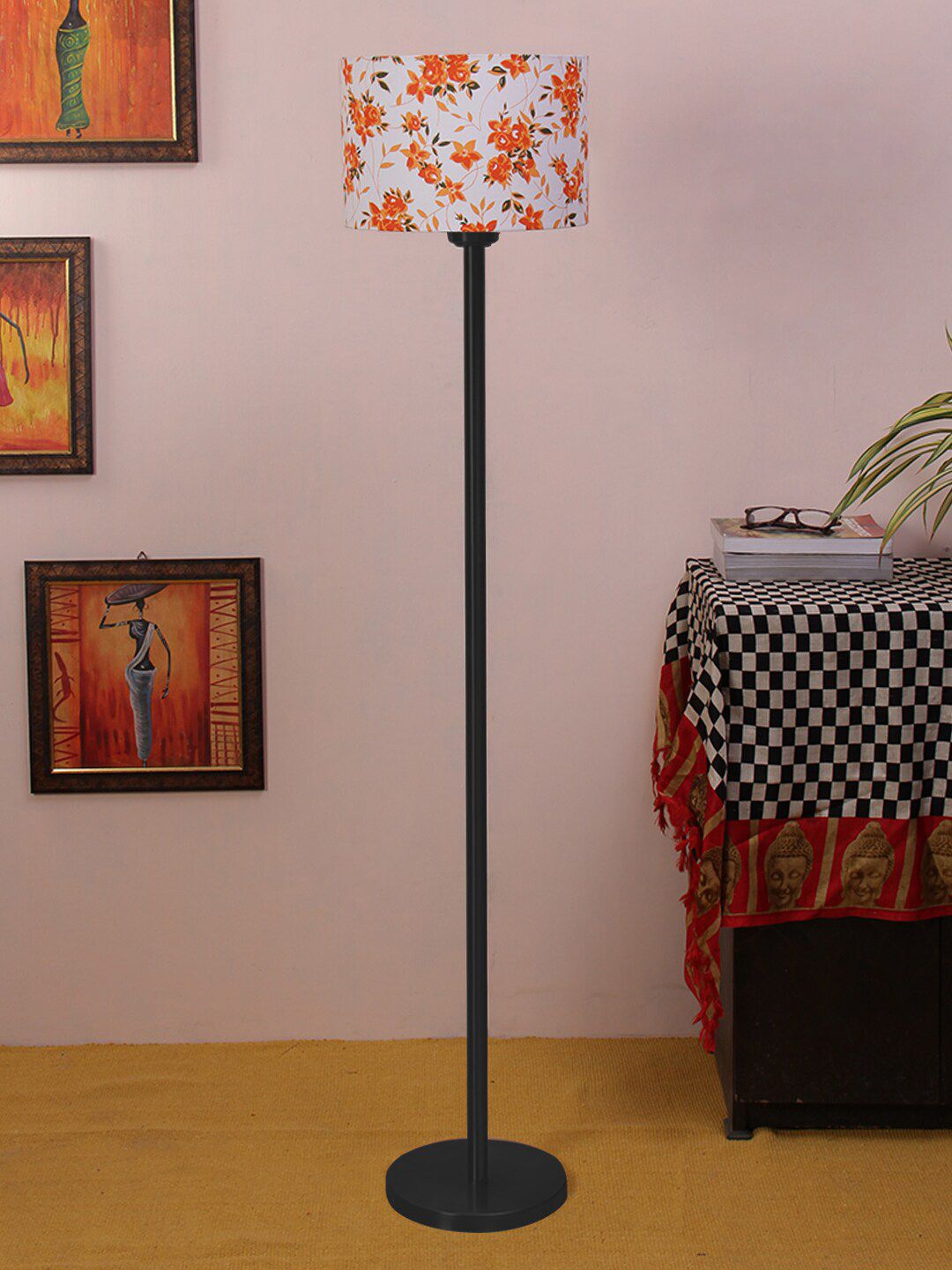 Devansh White & Orange Floral Printed Cylindrical Traditional Floor Lamp with Shade Price in India
