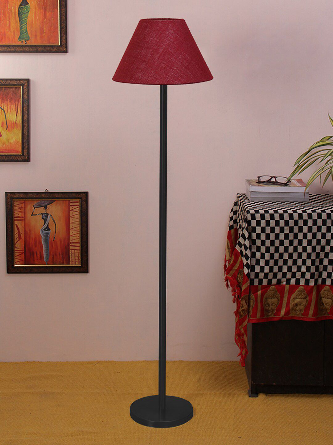 Devansh Maroon & Black Solid Triangle Iron Floor Lamp With Jute Shade Price in India