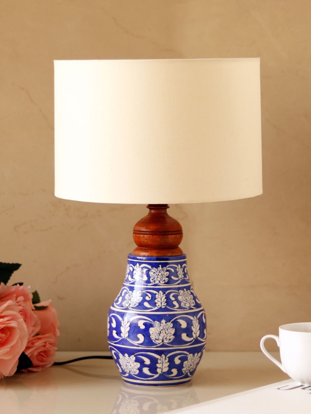 Unravel India Blue & Beige Ceramic Decorative Table Lamp Price in India