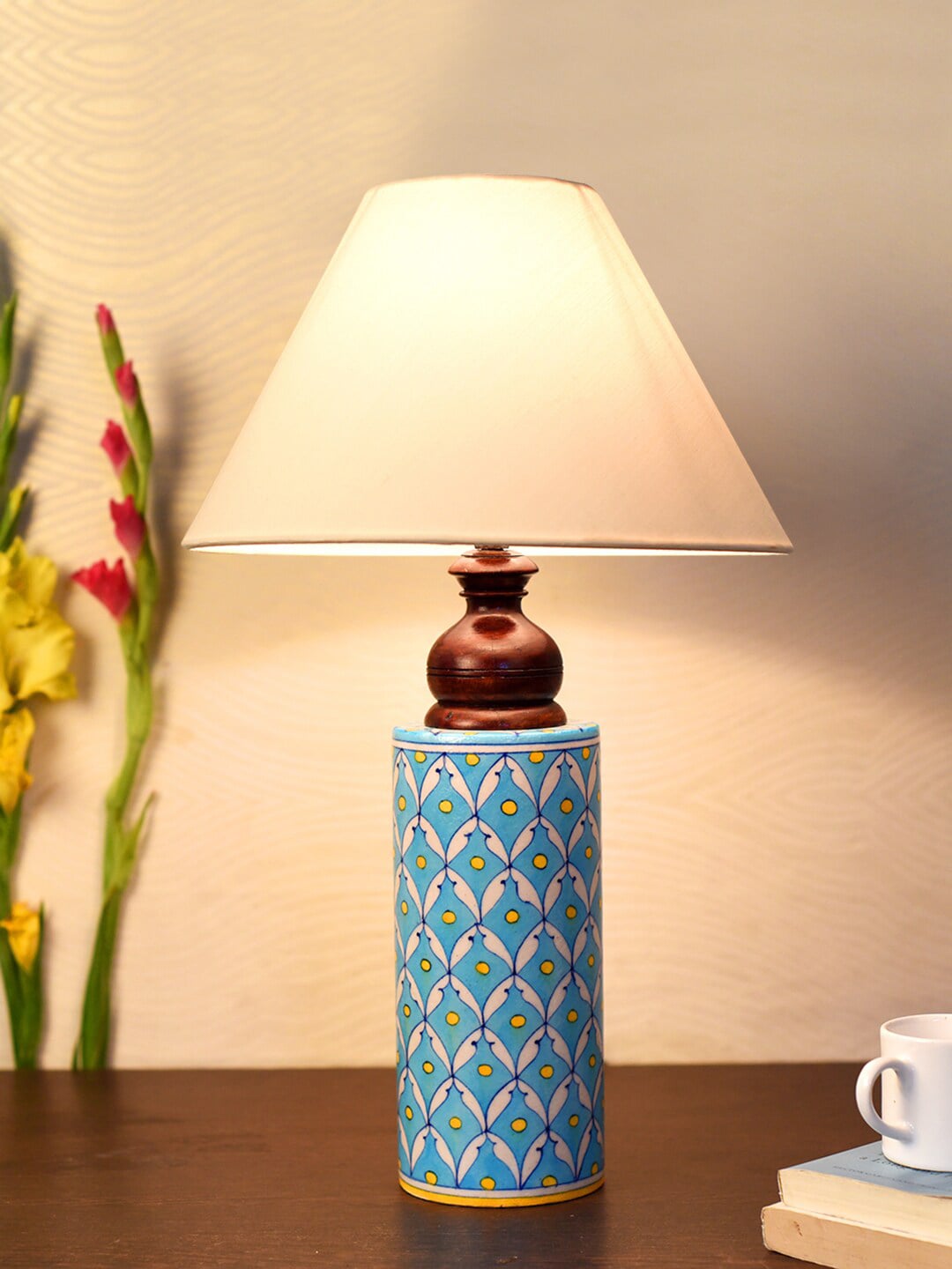 Unravel India Blue & White Pottery Ceramic Cylindrical Lamp with Shade Price in India